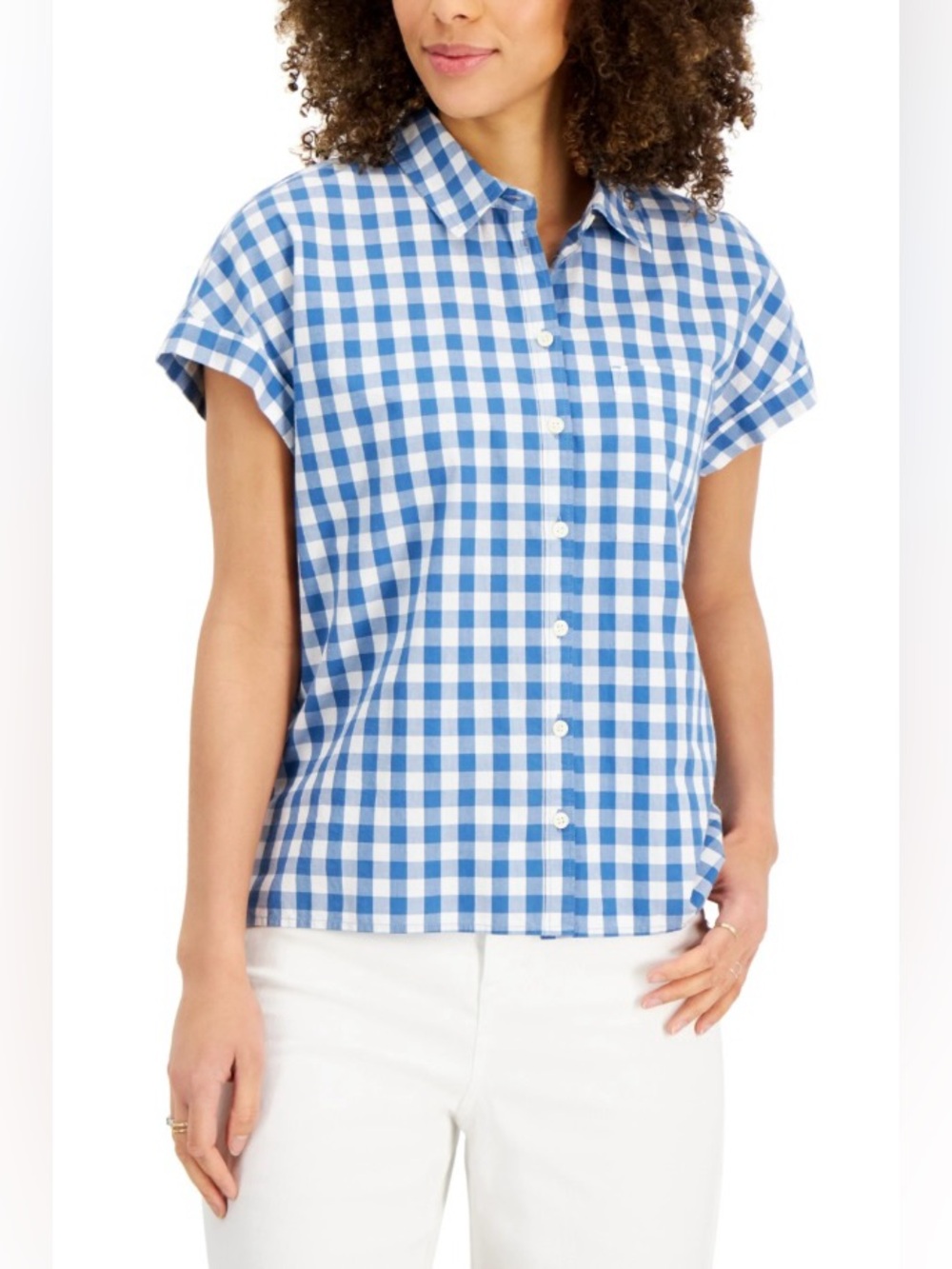Blue & White Gingham Plaid Button Down Short Sleeve Shirt 100% Cotton XS NWT